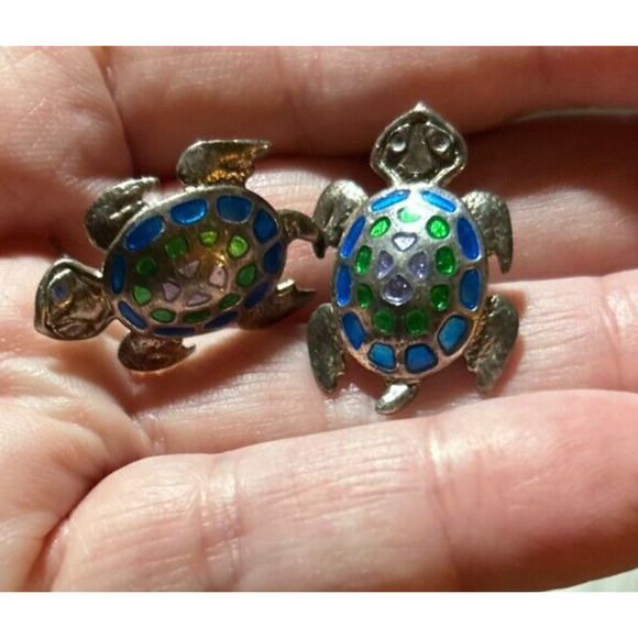 Vintage Sterling Silver 925 Enamel Turtle Stud Earrings - Picture 15 of 16